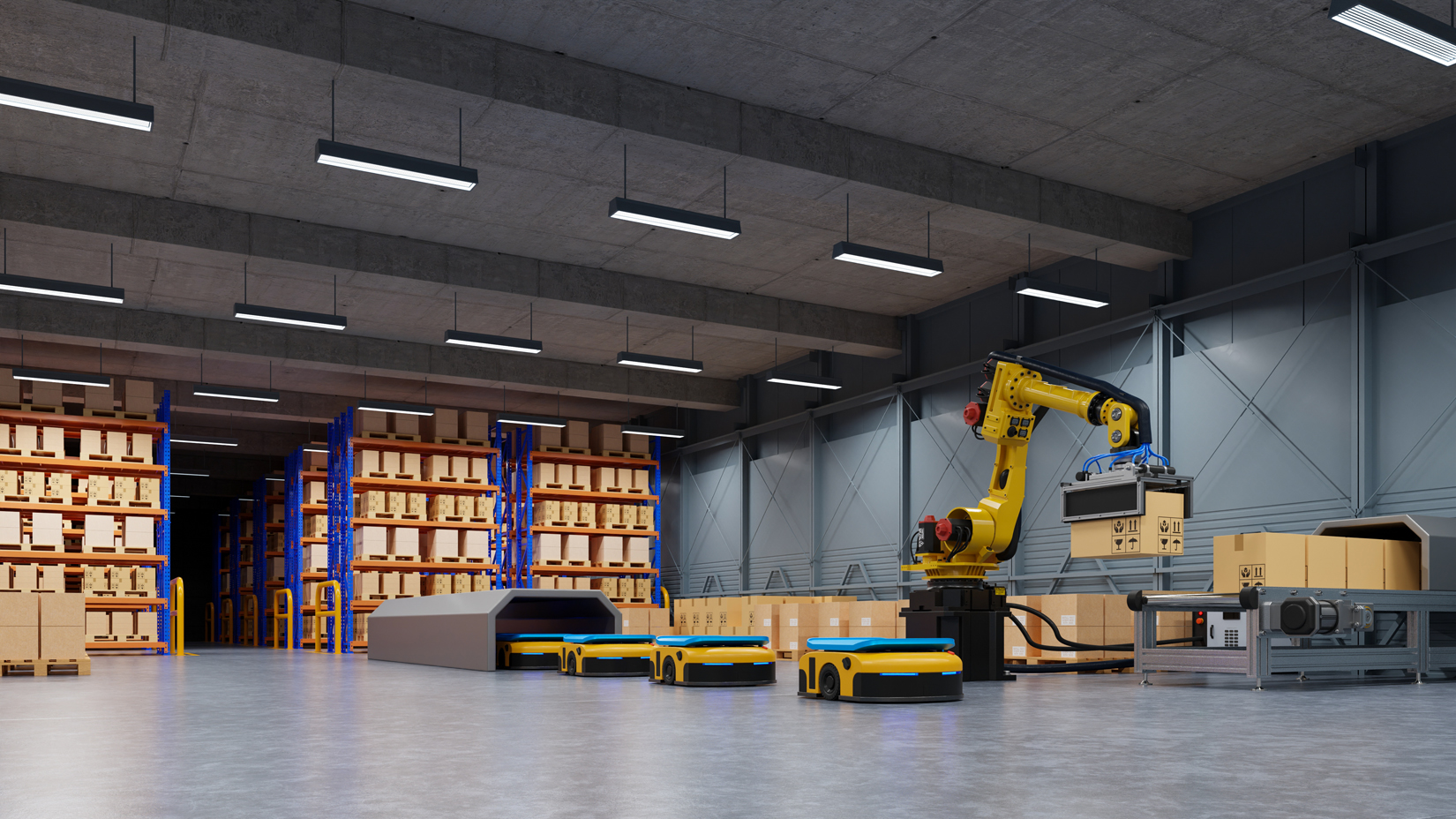 Factory Automation with AGV and robotic arm in transportation to increase transport more with safety.3D rendering